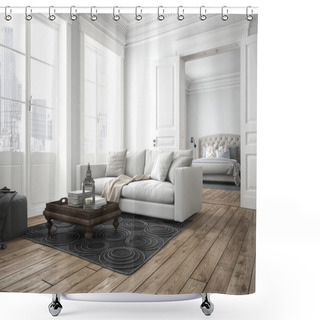 Personality   Modern Living Room. 3d Rendering Shower Curtains