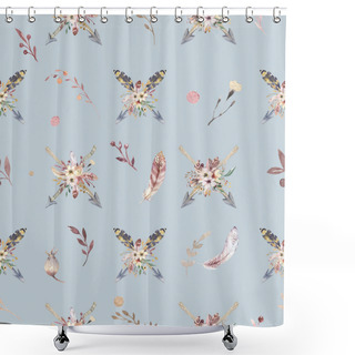 Personality  Boho Seamless Watercolor Pattern Of Arrows And Wild Flowers, Leaves, Branches Flowers, Illustration Isolated, Bird And Feathers, Bohenian Decoration Bouquets Shower Curtains