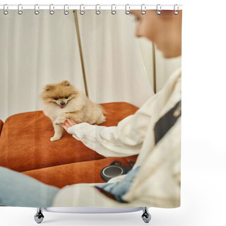Personality  Blurred Woman Holding Paw And Playing With Cute Pomeranian Spitz In Lounge Of Modern Pet Hotel Shower Curtains