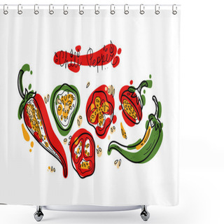 Personality  Vector Spicy Chili Peppers Doodle Illustration, Handwritten Text, Colored Shapes And Line Isolated On White Background. Design Elements For Decor, Menu Icons And Stickers. Shower Curtains