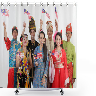 Personality  Malaysians With Traditional Costume Showing Malaysia Flag Shower Curtains