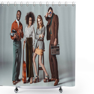 Personality  Multiethnic Retro Styled Friends With Guitar And Vintage Radio On Grey Shower Curtains
