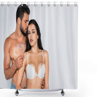 Personality  Bearded Man Holding Ice Cube Near Sexy Woman In Bra Isolated On White Shower Curtains