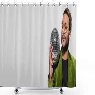 Personality  Eastern Hip Hop Performer In Green Velvet Blazer And Crown Holding Disco Ball Isolated On Grey, Banner Shower Curtains