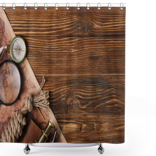 Personality  Top View Of Map, Magnifying Glass, Compass And Rope Cable On Wooden Surface Shower Curtains