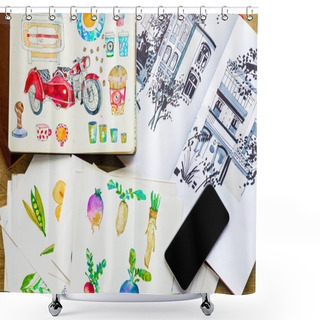Personality  Top View Of Watercolor Drawings And Smartphone Shower Curtains