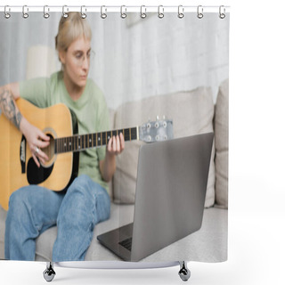 Personality  Blurred Young Woman In Glasses With Bangs And Tattoo Playing Acoustic Guitar And Looking Video Tutorial On Laptop While Sitting On Comfortable Couch In Modern Living Room, Virtual Learning  Shower Curtains
