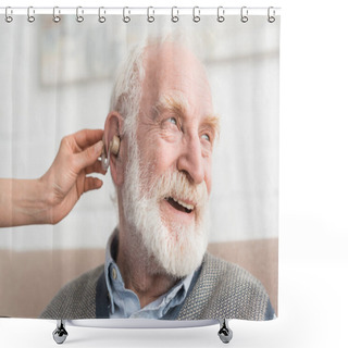 Personality  Happy Grey Haired Man With Hearing Aid, And Looking Away Shower Curtains