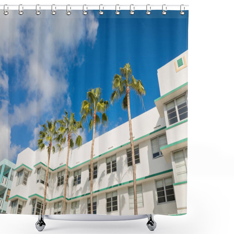 Personality  Green Palm Trees Growing Near Modern Building Against Blue Sky In Miami  Shower Curtains