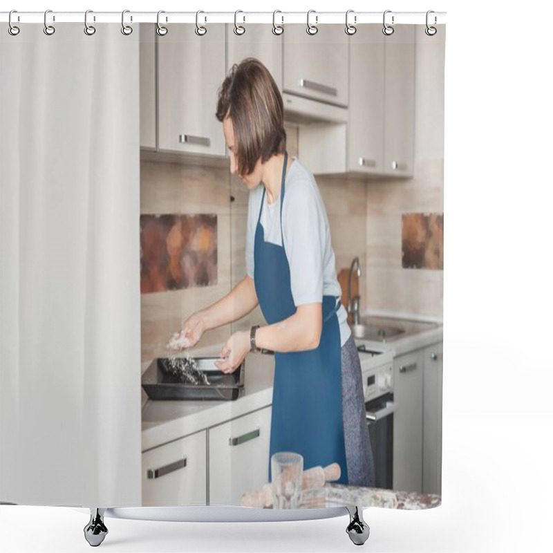 Personality  Woman Spilling Flour On Baking Tray At Kitchen To Prepare Cookies Shower Curtains