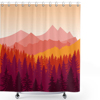 Personality  Panorama Of Mountains And Forest Silhouette Landscape Early On The Sunset. Flat Design Shower Curtains