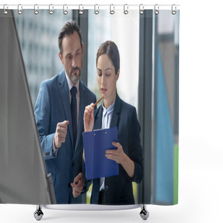 Personality  Business Partners Having Brainstorming Regarding Financial Issues Shower Curtains