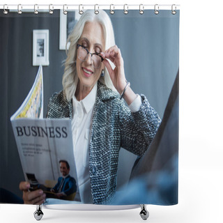 Personality  Wealthy Cheerful Senior Lady Is Holding Magazine Shower Curtains