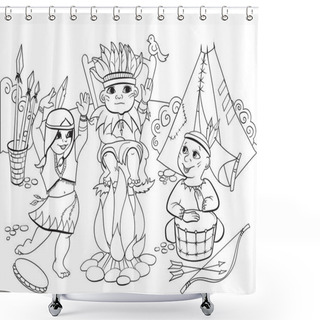 Personality  Indian Tribe In The Form Of Three Children Coloring Vector For Adults Shower Curtains