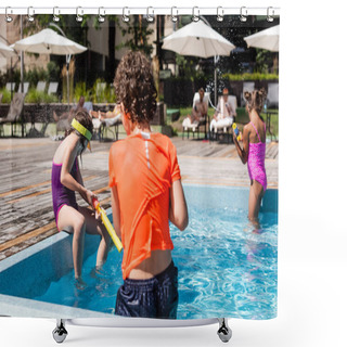 Personality  Back View Of Boy Having Fun With Friends While Fighting With Water Guns Near Pool Shower Curtains