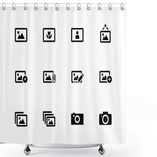 Personality  Photographs And Camera Icons On White Background. Shower Curtains