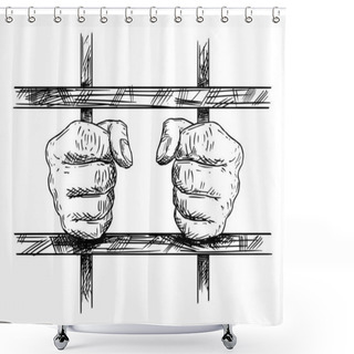 Personality  Vector Artistic Drawing Of Hands Of Prisoner In Prison Cell Holding Iron Bars. Shower Curtains