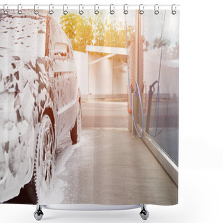 Personality  Car In White Cleaning Foam At Car Wash During Sunset Shower Curtains