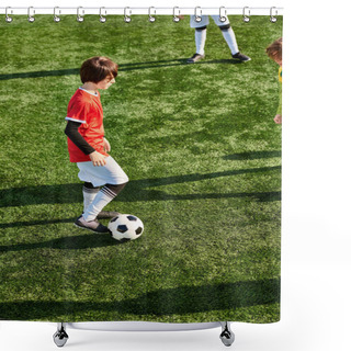 Personality  Two Energetic Young Boys In Action, Kicking A Soccer Ball Around A Field With Excitement And Enthusiasm. Their Playful And Competitive Spirit Shines As They Enjoy The Game Together. Shower Curtains