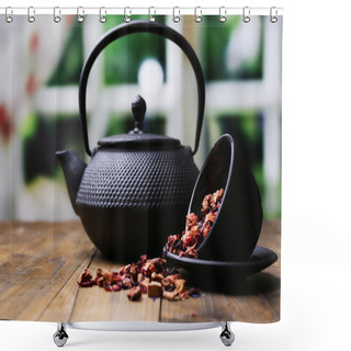 Personality  Black Teapot, Bowl And Hibiscus Tea On Color Wooden Table, On Bright Background  Shower Curtains
