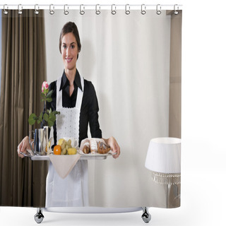 Personality  Happy Maid Carrying Breakfast Tray Shower Curtains