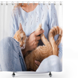 Personality  Cropped View Of Woman In Jeans And Sweater Holding Ginger Cat  Shower Curtains