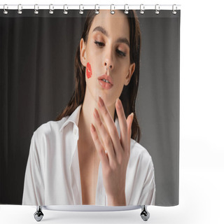 Personality  Young Brunette Woman With Red Kiss Print On Face Looking At Hand On Grey Background Shower Curtains