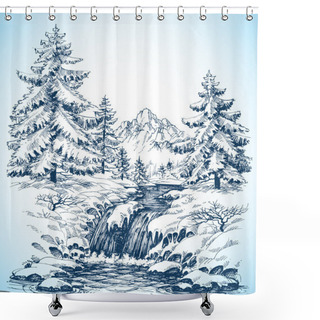 Personality  Winter Snowy Landscape, Pine Forest And River In The Mountains Shower Curtains