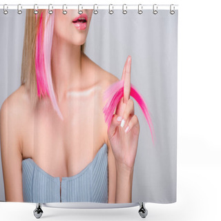Personality  Cropped Shot Of Young Woman Holding Cut Colorful Hair Strands And Looking At Camera Isolated On Grey Shower Curtains