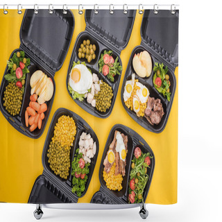 Personality  Top View Of Eco Packages With Apples, Vegetables, Meat, Fried Eggs And Salads Isolated On Yellow  Shower Curtains