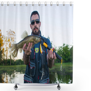 Personality  Fisherman Showing Fish That Caught With Artificial Bait, Traira Fish (Hoplias Malabaricus). Shower Curtains