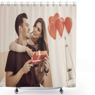Personality  Young Woman Smiling While Admiring Her Handsome Elegant Man Shower Curtains