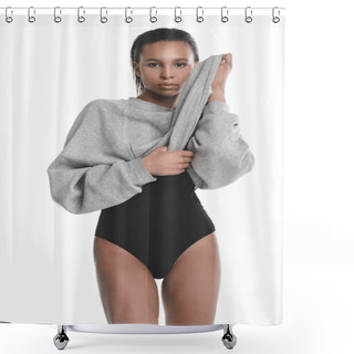 Personality  Young Woman In Bodysuit And Sweater  Shower Curtains