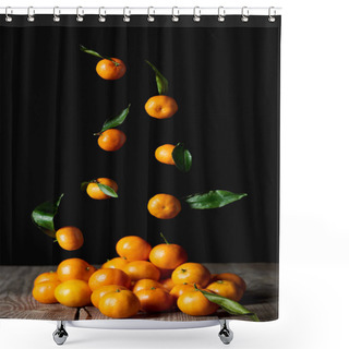 Personality  Tasty Orange Tangerines With Green Leaves Falling On Wooden Table Isolated On Black Shower Curtains