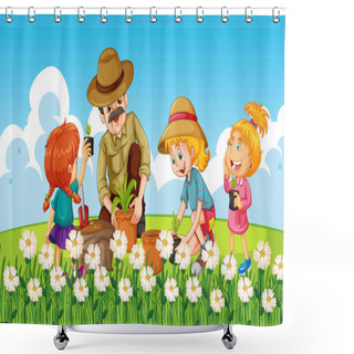 Personality  Nature Scene Background With People Planting Tree In Garden Illustration Shower Curtains