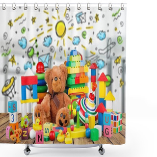 Personality  Cute Teddy Bear And Bright Toys On Wooden Table  Shower Curtains