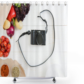 Personality  Photo Camera With Vegetables And Spices  Shower Curtains
