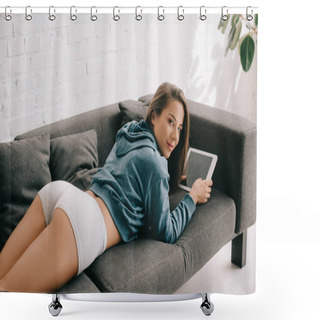Personality  Beautiful Smiling Woman In Panties Using Digital Tablet On Sofa Shower Curtains