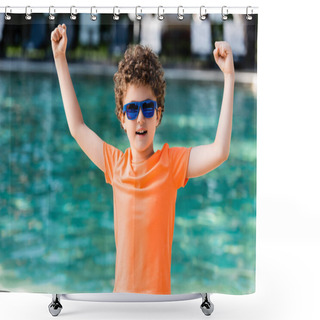Personality  Curly Boy In Orange T-shirt And Sunglasses Showing Winner Gesture Near Pool Shower Curtains