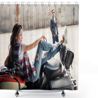 Personality  Young Couple With Motorcycle  Shower Curtains