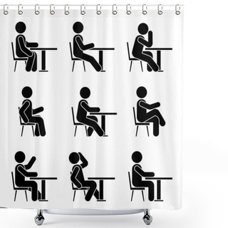 Personality  Sitting On Chair At Desk Stick Figure Man Side View Poses Pictogram Vector Icon Set. Boy Silhouette Seated Happy, Comfy, Sad, Tired Sign On White Background Shower Curtains