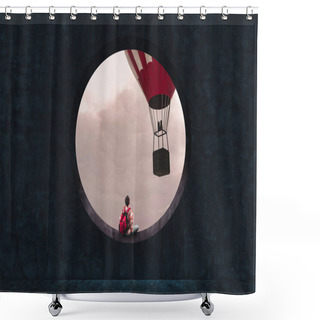 Personality  Man With A Backpack Looking Through A Round Concrete Window To A Hot Air Balloon Flying. Shower Curtains