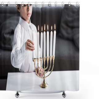 Personality  Cropped View Of Cute Jewish Boy In Shirt Holding Candle  Shower Curtains