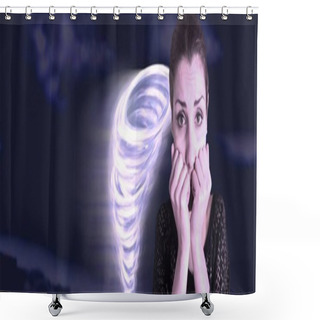 Personality  Digital Composite Of Tornado Twister Painted And Dark Sky With Anxious Scared Woman Shower Curtains