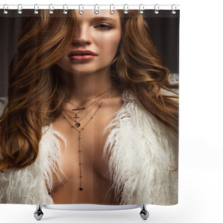 Personality  Portrait Of Woman With Necklace And Unbuttoned Fluffy Jacket Shower Curtains
