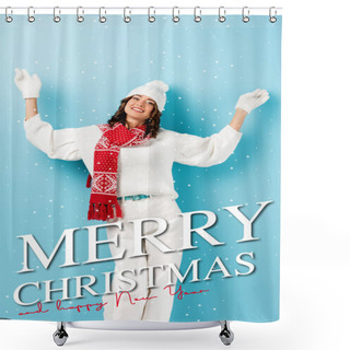 Personality  Joyful Woman In Winter Outfit, Warm Scarf, Gloves And Hat Standing With Outstretched Hands Near Merry Christmas And Happy New Year Lettering On Blue Shower Curtains
