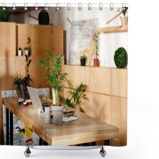 Personality  Interior Of Artist Studio With Painting Supplies, Laptop And Potted Plants On Wooden Table  Shower Curtains
