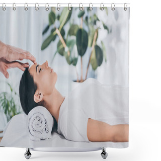 Personality  Side View Of Calm Young Woman With Closed Eyes Receiving Reiki Treatment On Head Shower Curtains