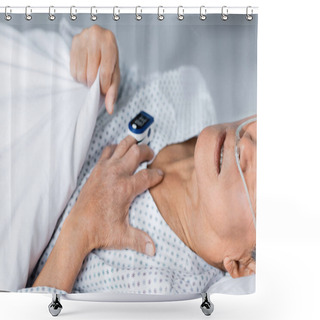 Personality  Cropped View Of Sick Senior Man With Nasal Cannula And Pulse Oximeter Lying On Bed In Clinic  Shower Curtains