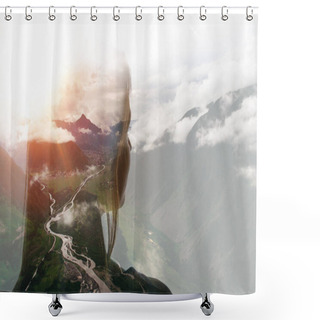 Personality  Double Exposure Of Girl And Mountains In Clouds Shower Curtains